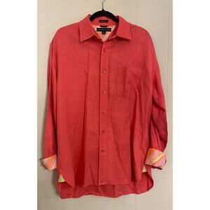 Tommy Hilfiger Pink Button Down Rainbow Cuff Pure Linen (L) Preppy Pride Vibrant